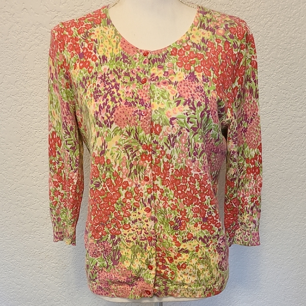 Lord & Taylor Cotton Multi Color Floral Sweater, Size M